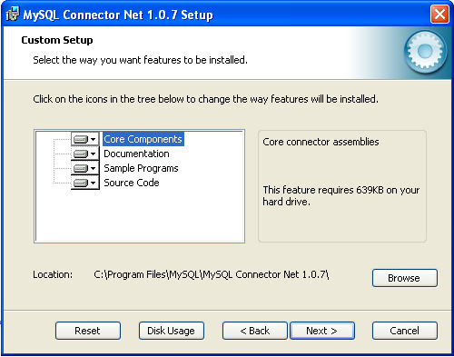 Connector/NET Windows Installer -
                Benutzerdefinierte Installation