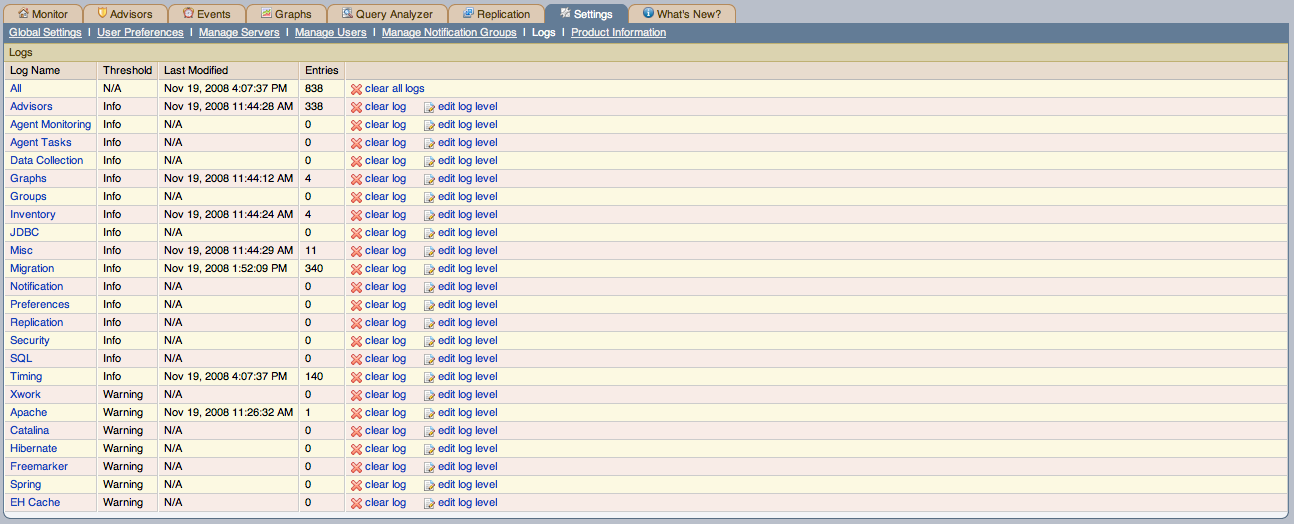 MySQL Enterprise Dashboard: Logs