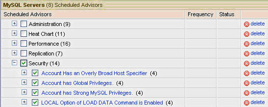 Selecting the Security Advisor to run against selected MySQL servers